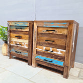 Reclaimed Handmade Carved Indian Furniture Solid Hard Wood Bedside Table with 4 Drawers